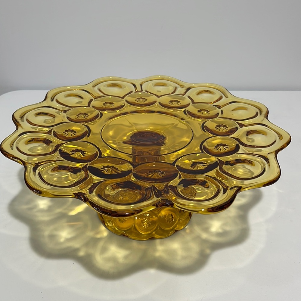 Vintage Smith Moon and Stars Amber Glass Pedestal Cake Plate Stand mid-century
